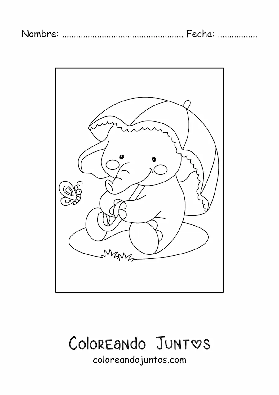 Imagen para colorear de elefante bebé kawaii sentado con mariposa