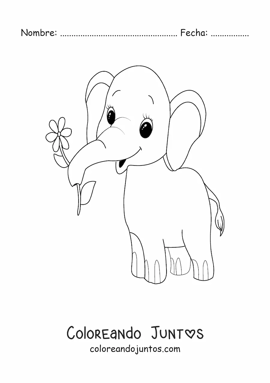 Imagen para colorear de elefante bebé tierno con flor