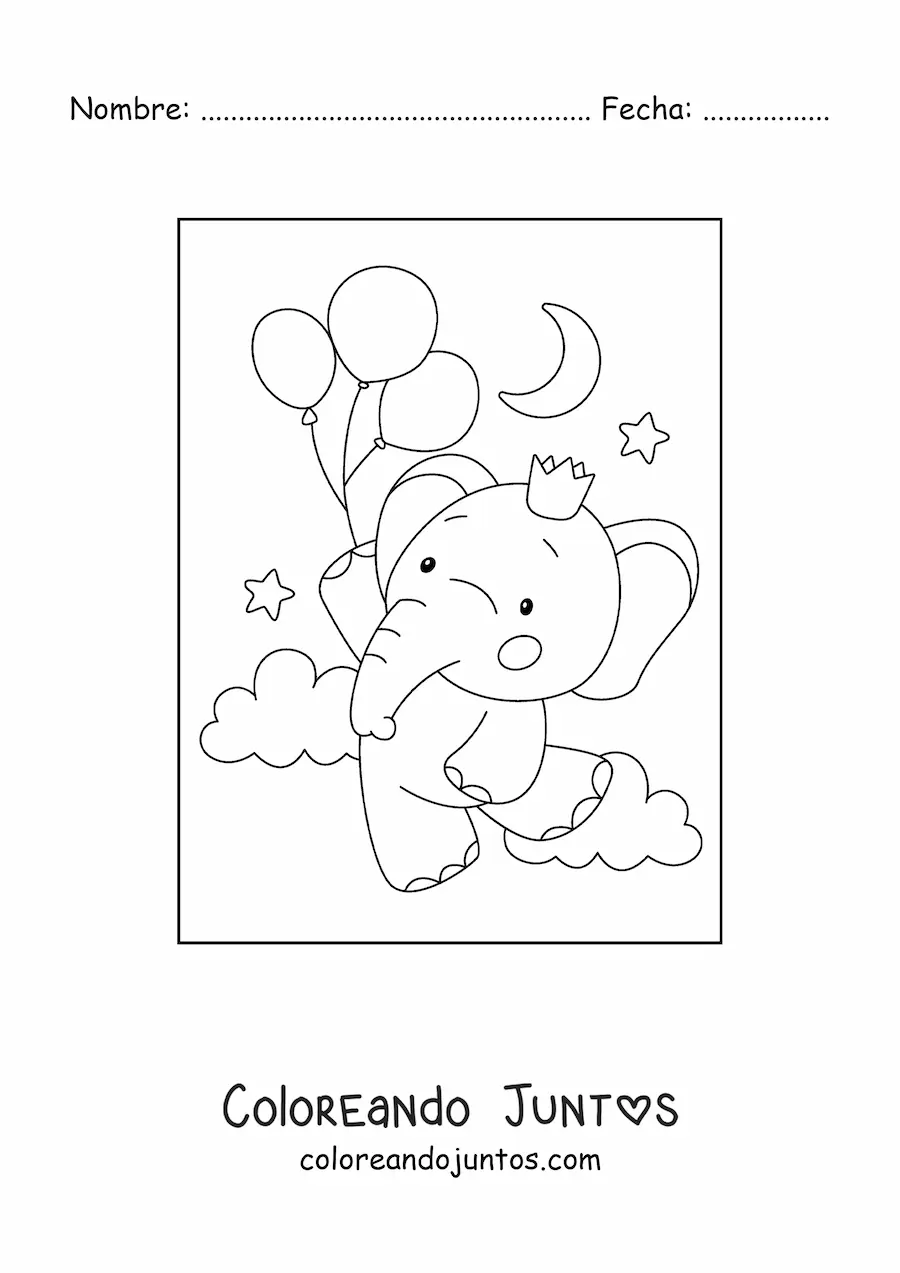 Imagen para colorear de elefante bebé kawaii con globos