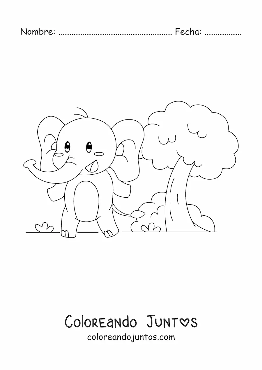Imagen para colorear de elefante kawaii animado en su hábitat