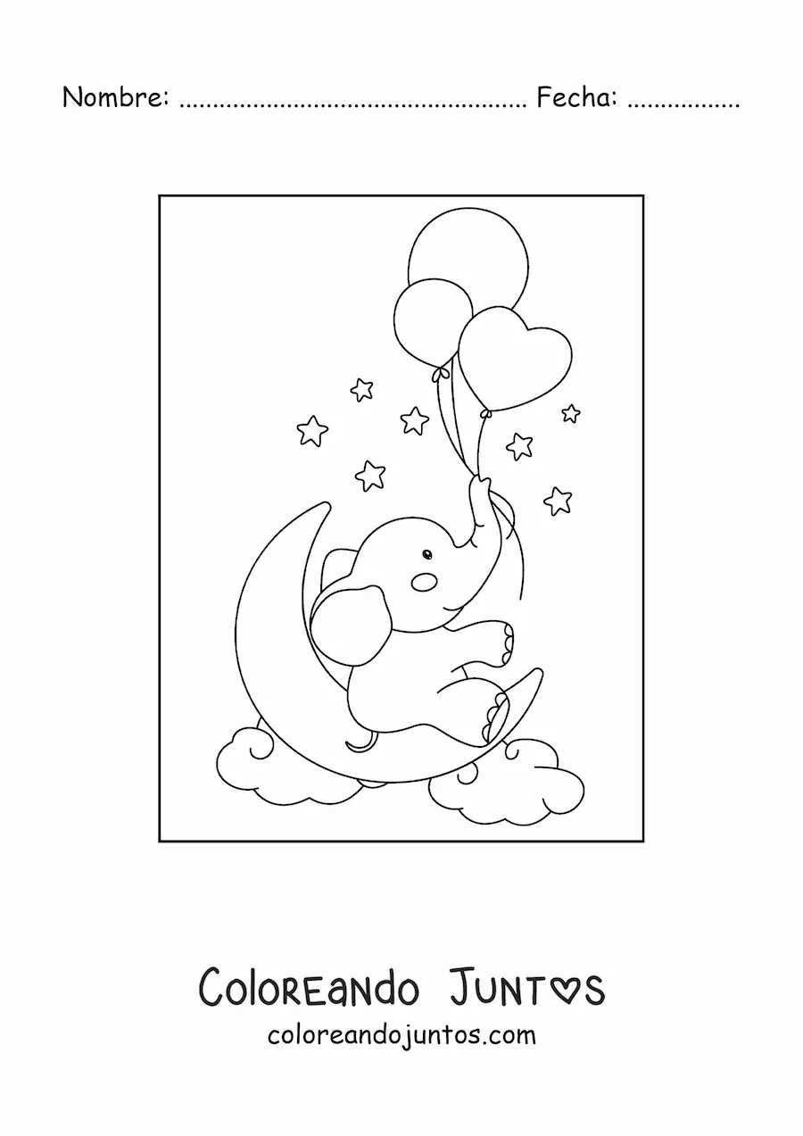 Imagen para colorear de elefante bebé kawaii con globos de corazón