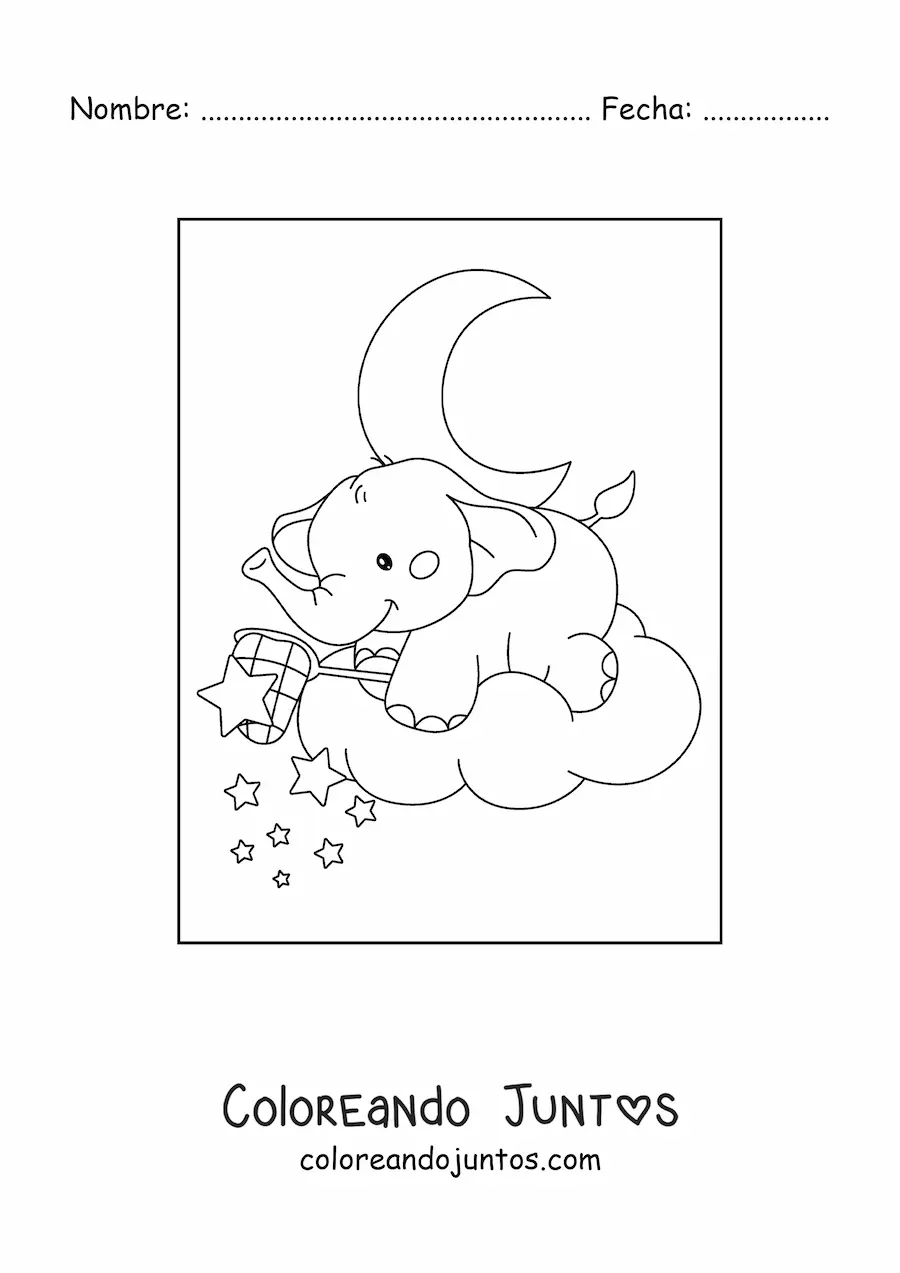 Imagen para colorear de elefante bebé kawaii atrapando estrellas