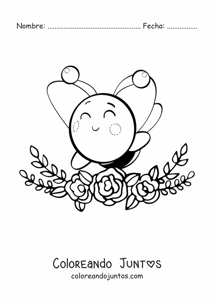 Imagen para colorear de abeja kawaii grande con flores