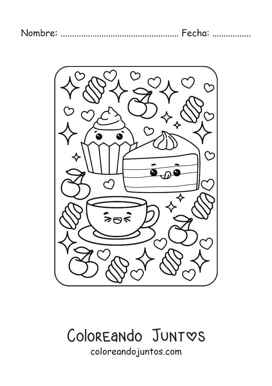 Imagen para colorear de cupcake y pastel dulce con café kawaii