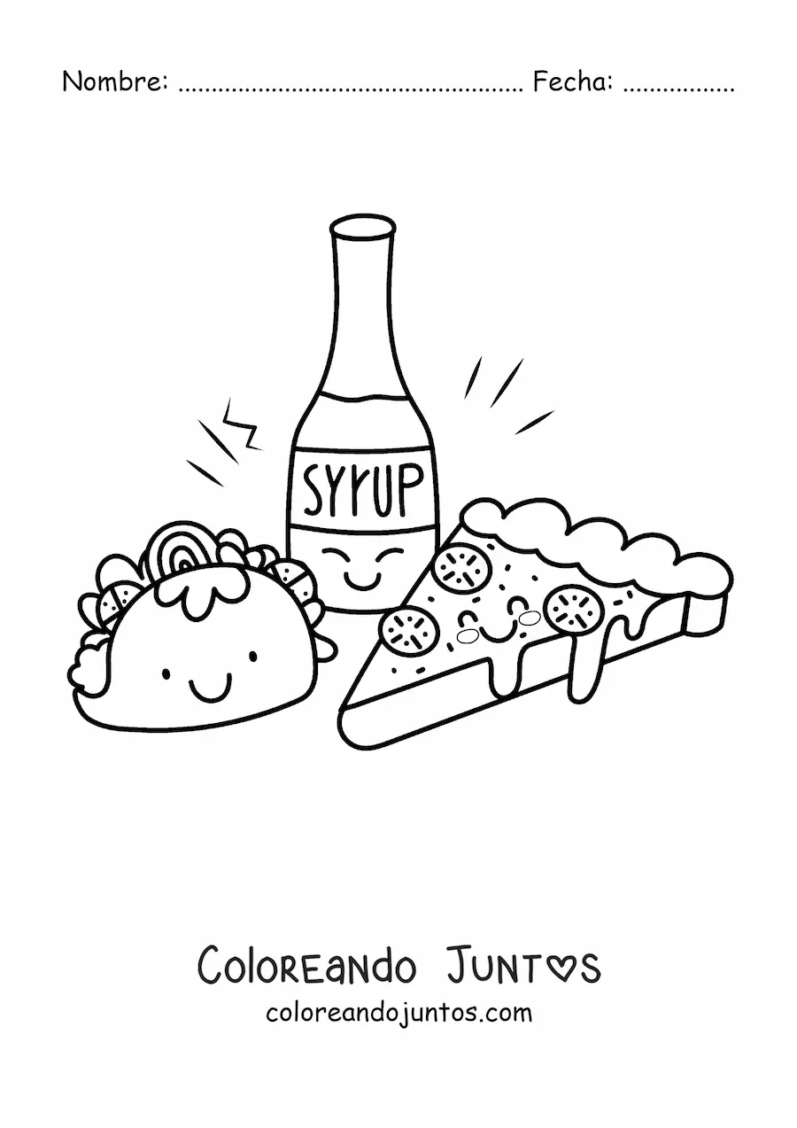 Imagen para colorear de taco kawaii con pizza