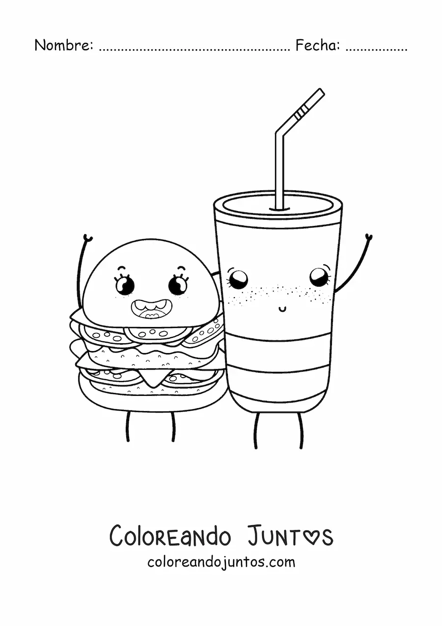 Imagen para colorear de hamburguesa y refresco kawaii