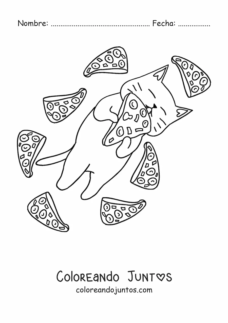Imagen para colorear de gato comiendo pizza