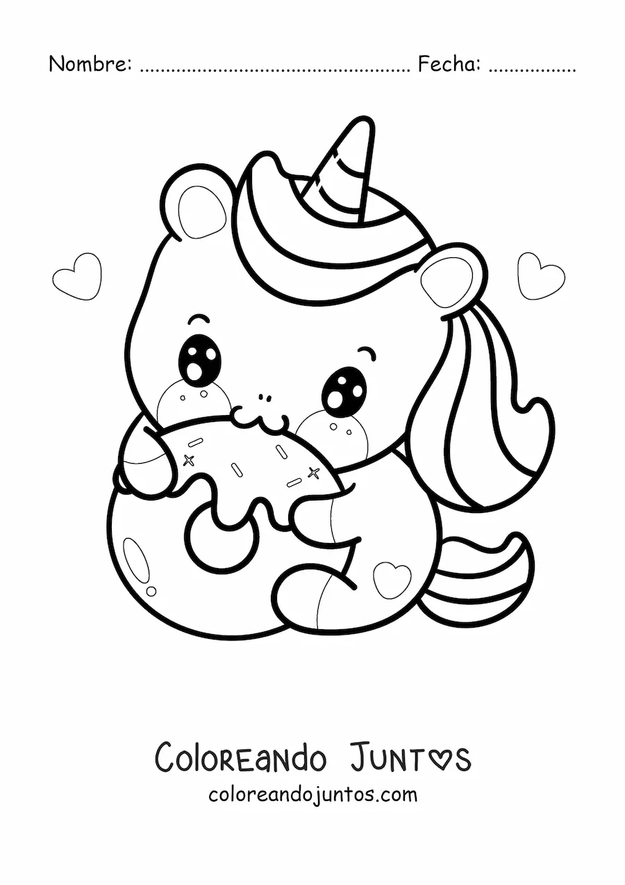 Imagen para colorear de unicornio kawaii comiendo una dona
