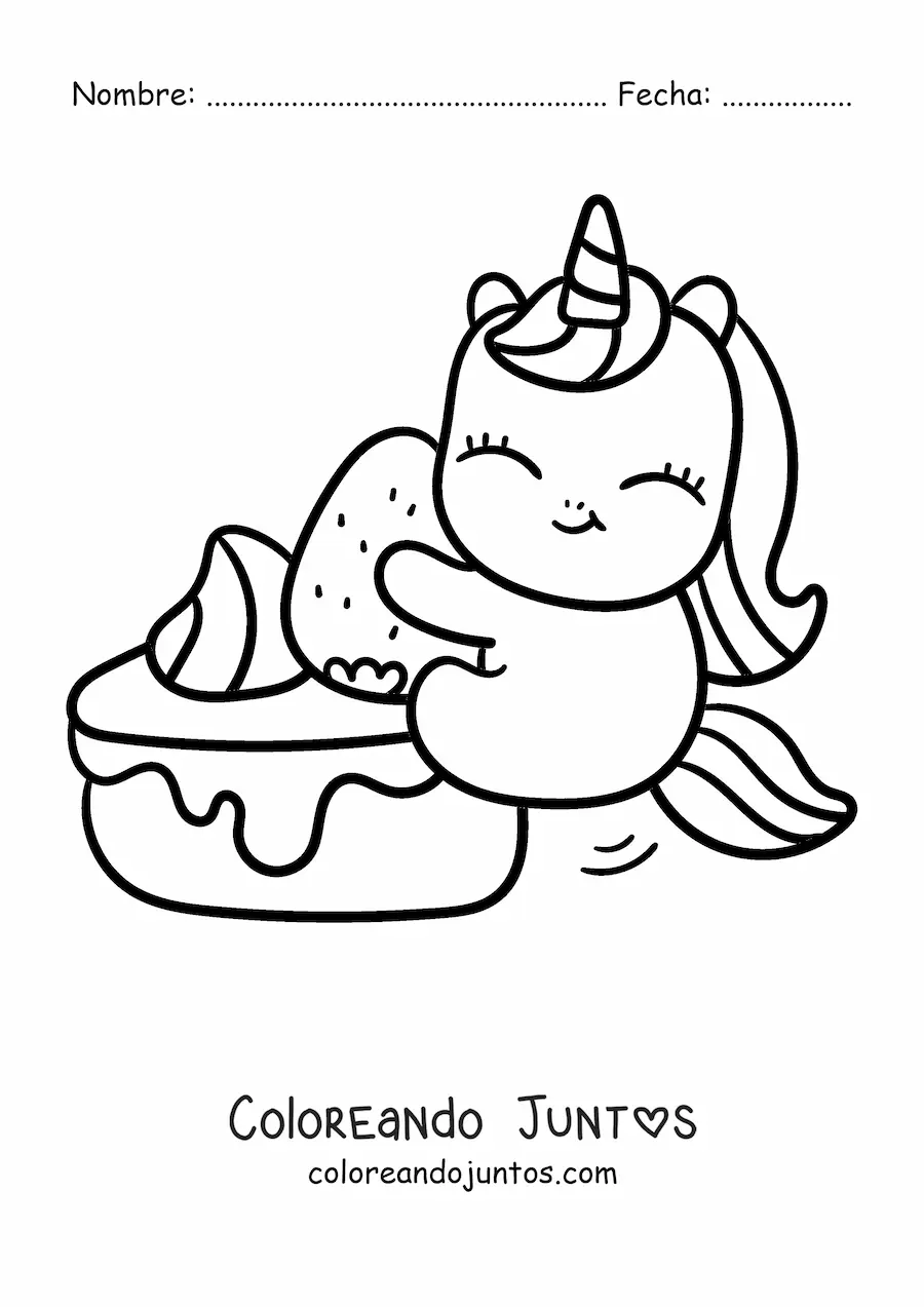 Imagen para colorear de unicornio kawaii con pastel de fresa