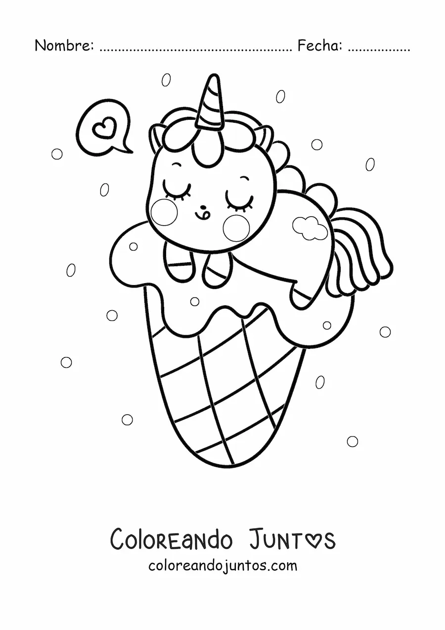 Imagen para colorear de unicornio kawaii sobre helado