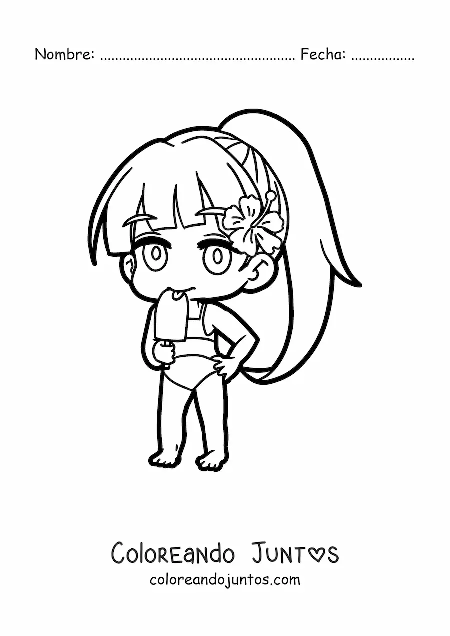 Imagen para colorear de muñeca japonesa kawaii en bikini comiendo una paleta helada