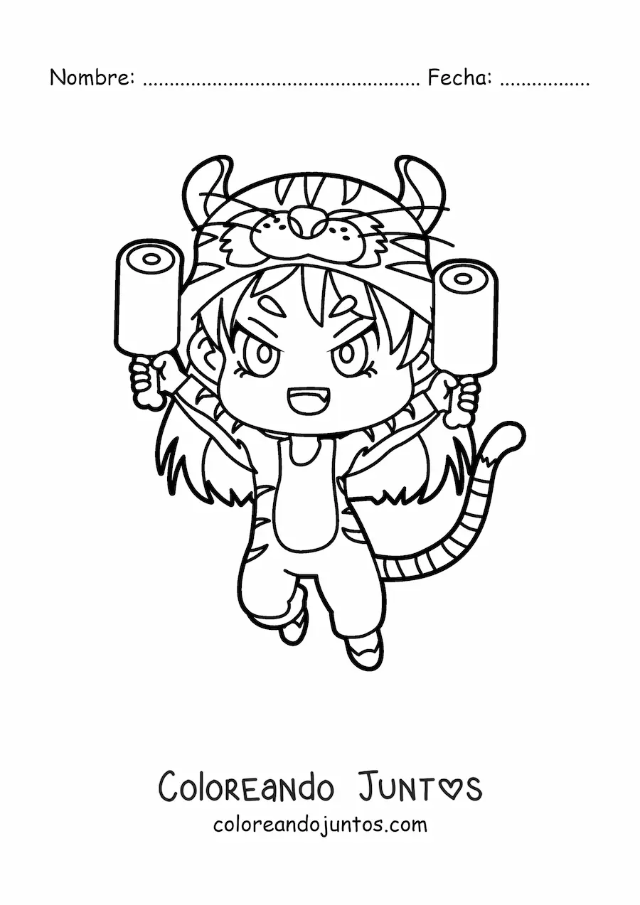 Imagen para colorear de muñeca kawaii con disfraz de tigre