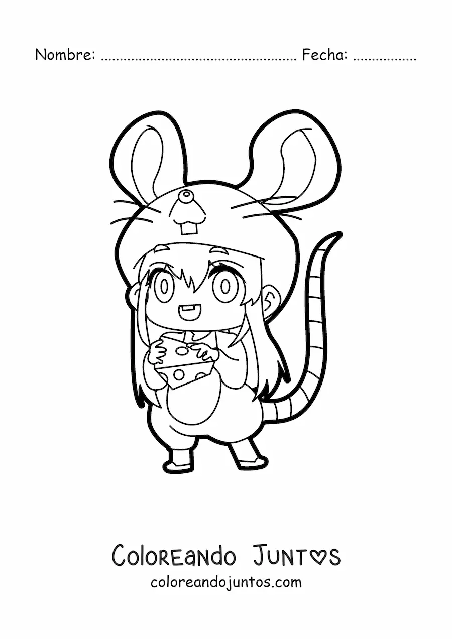 Imagen para colorear de muñeca kawaii con disfraz de ratón
