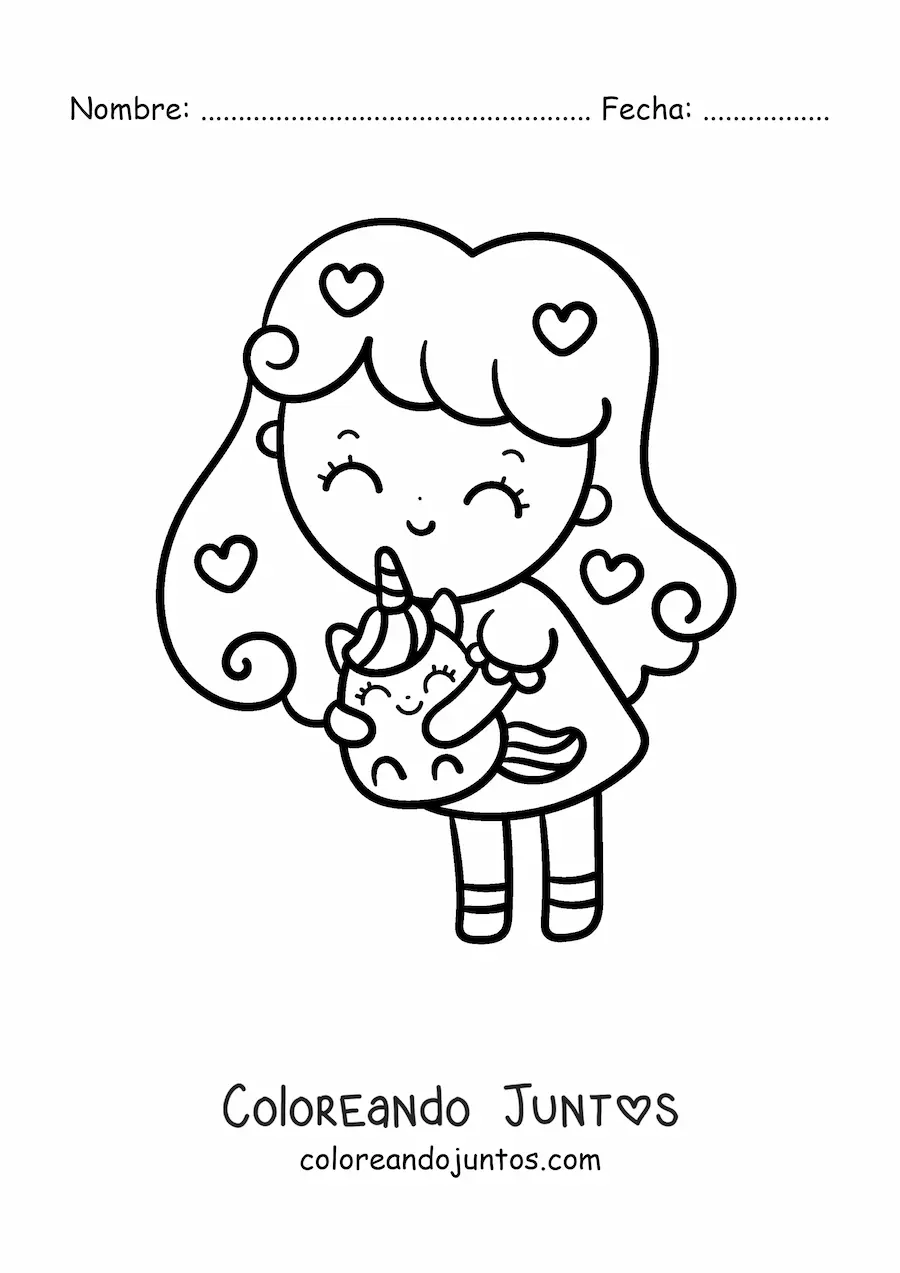 Imagen para colorear de niña kawaii con unicornio