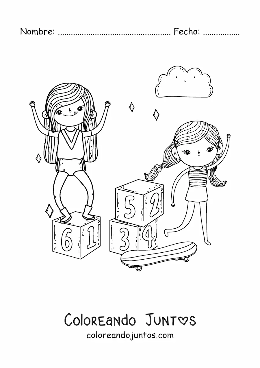 Imagen para colorear de niñas jugando con patineta