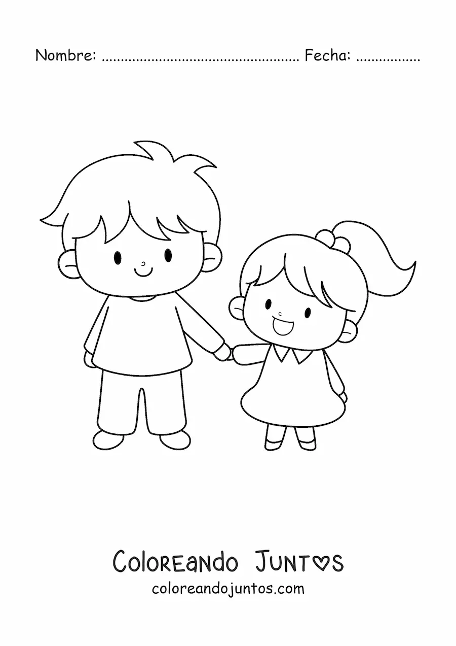 Imagen para colorear de niño de la mano con su hermana pequeña