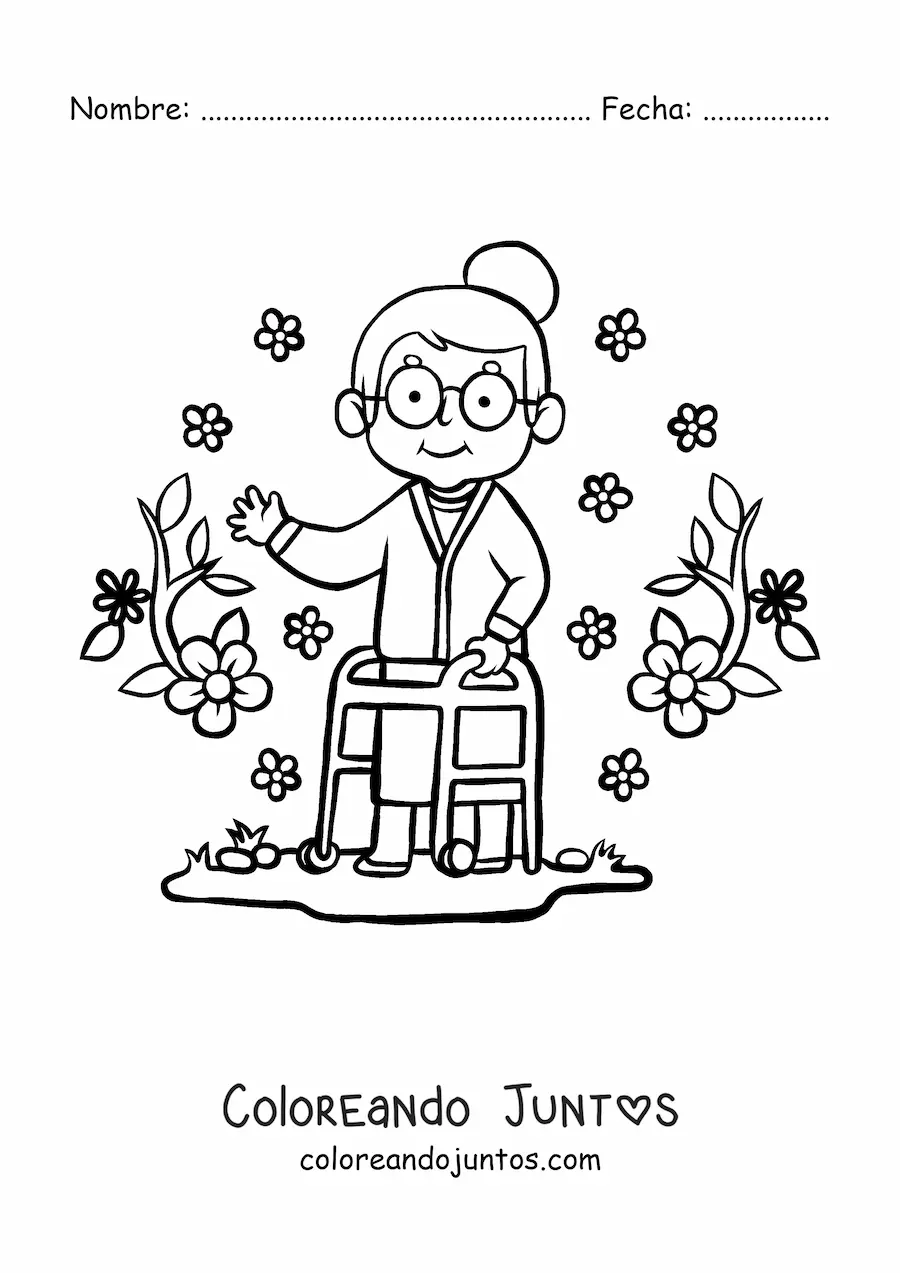 Imagen para colorear de abuelita tierna con andadera y fondo de flores