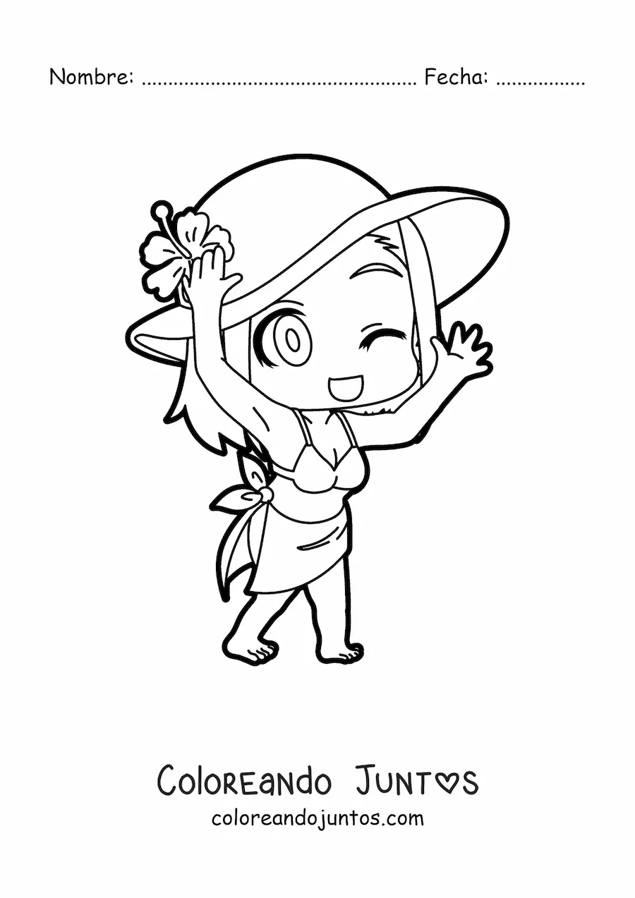 Imagen para colorear de chica kawaii de playa