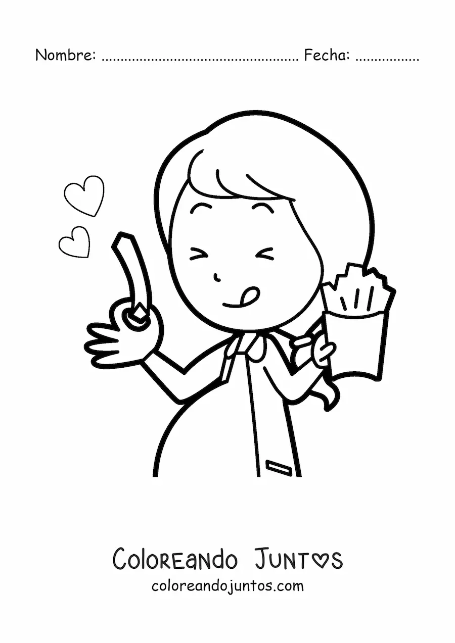 Imagen para colorear de mujer embarazada comiendo papas fritas