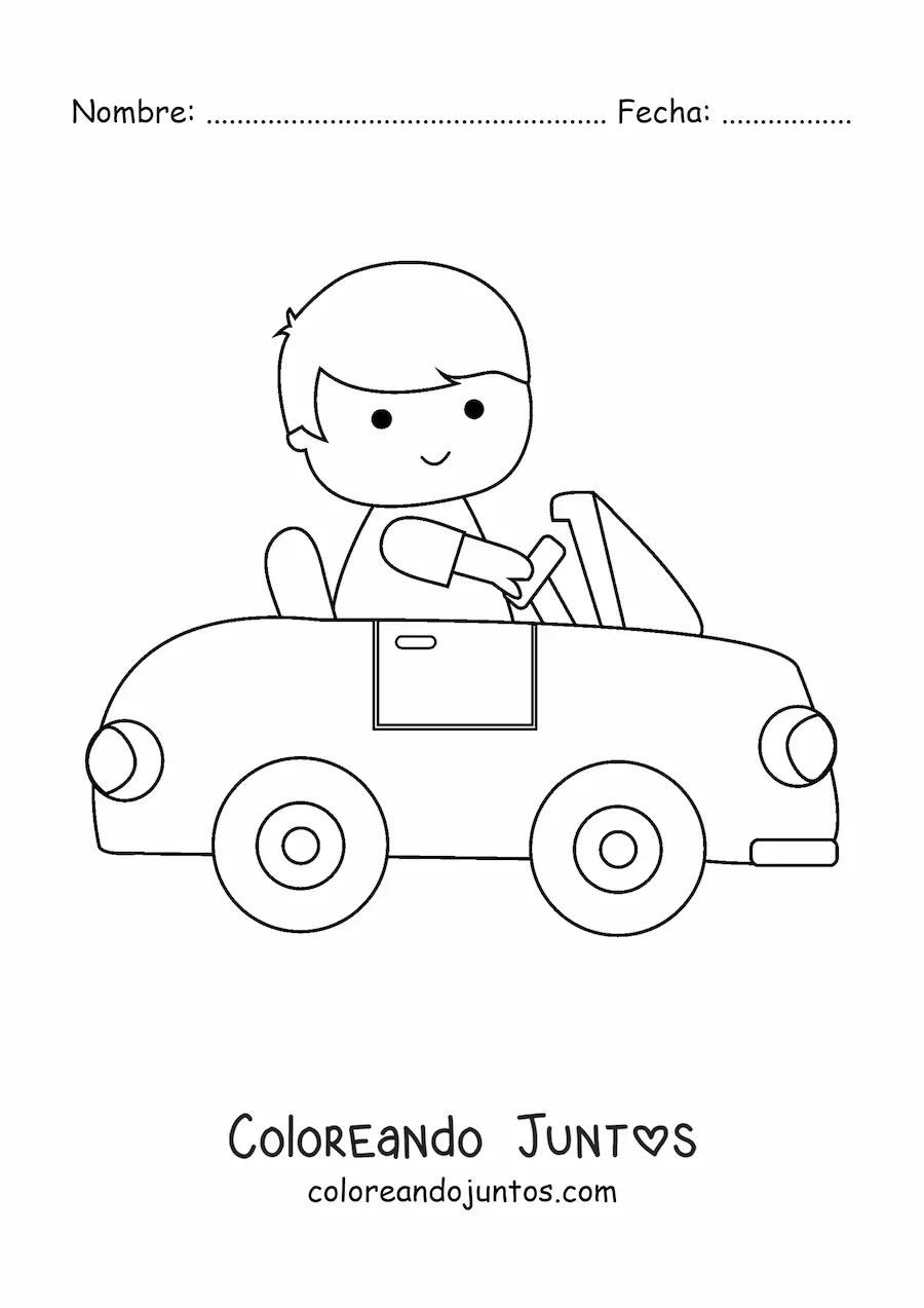 Imagen para colorear de niño kawaii conduciendo un auto