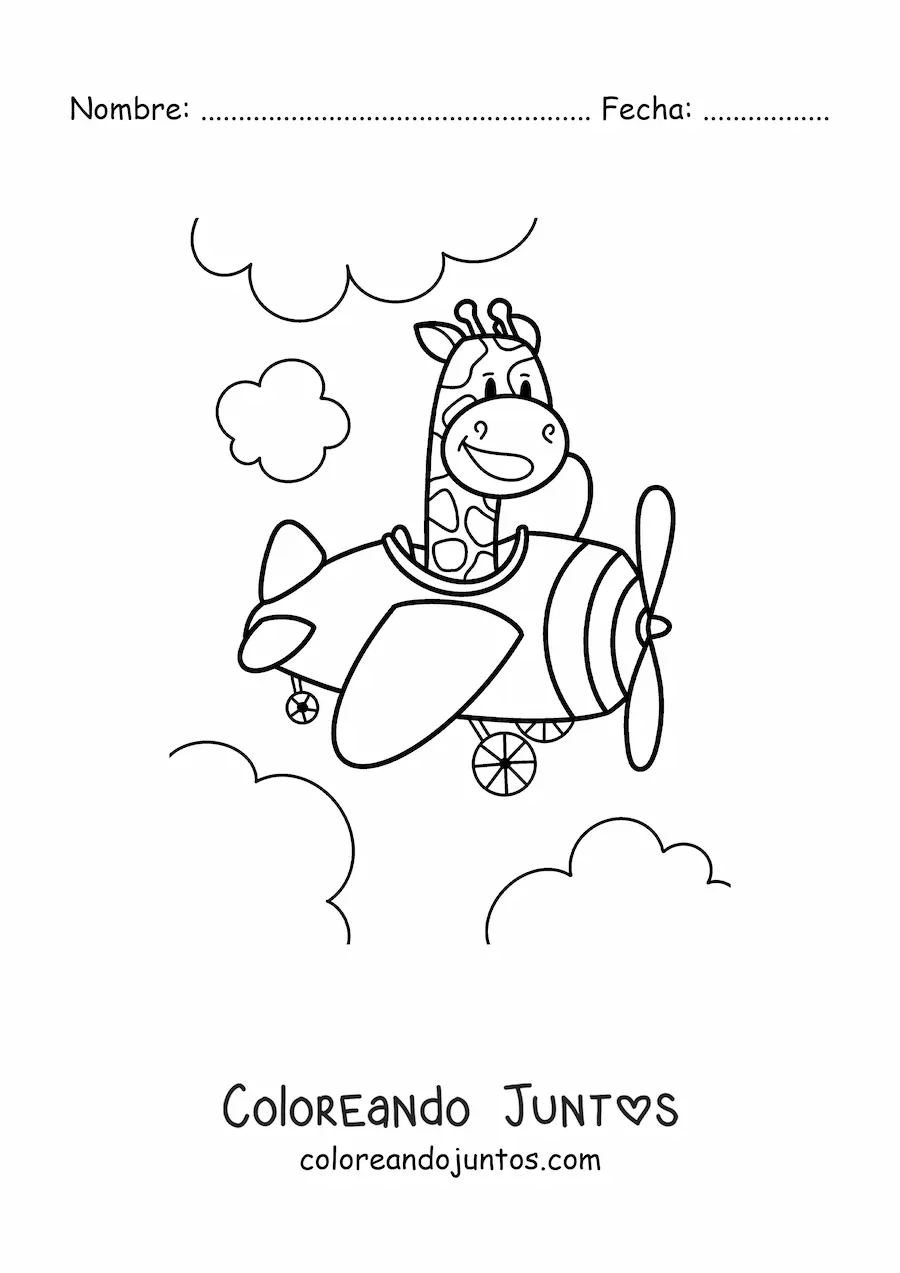 Imagen para colorear de jirafa kawaii animada volando un avión