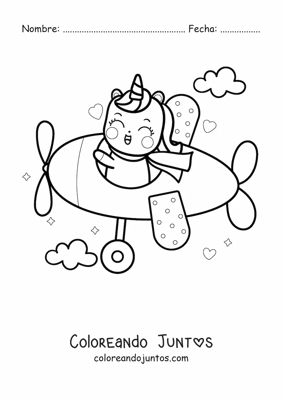 Imagen para colorear de unicornio kawaii volando un avión