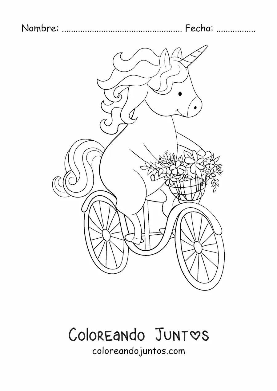 Imagen para colorear de unicornio kawaii montando bicicleta