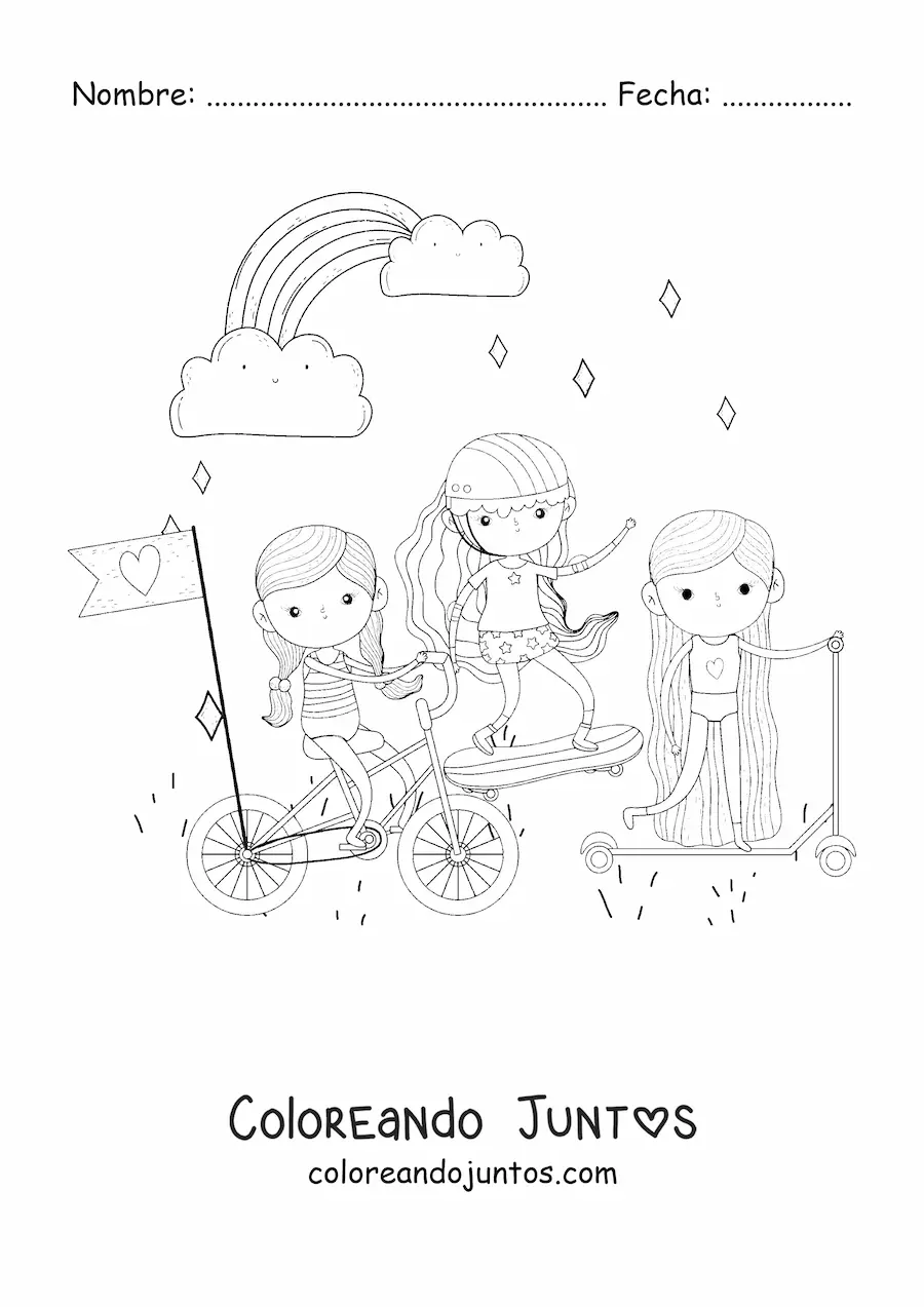 Imagen para colorear de niñas montando bicicleta patineta y monopatín