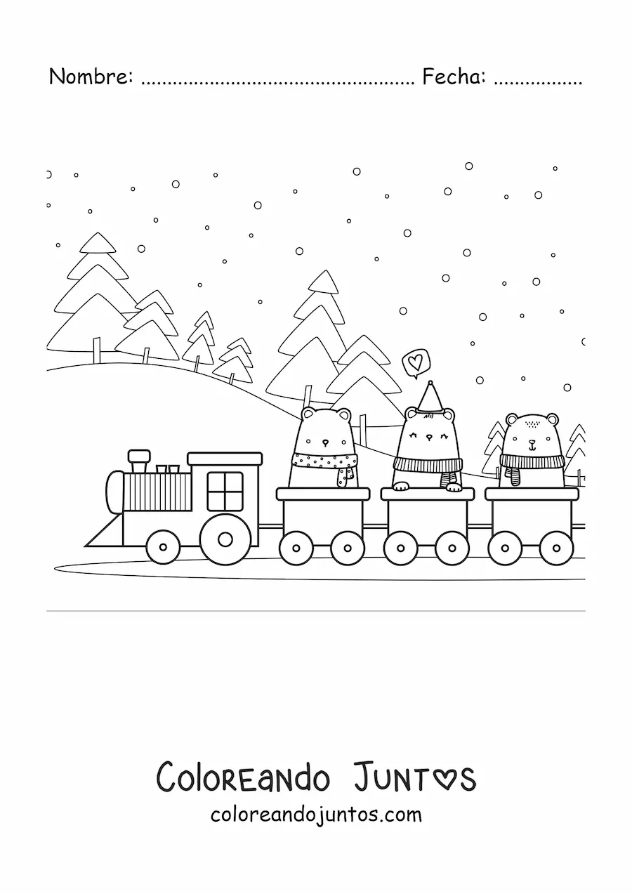 Imagen para colorear de osos kawaii animados en un tren