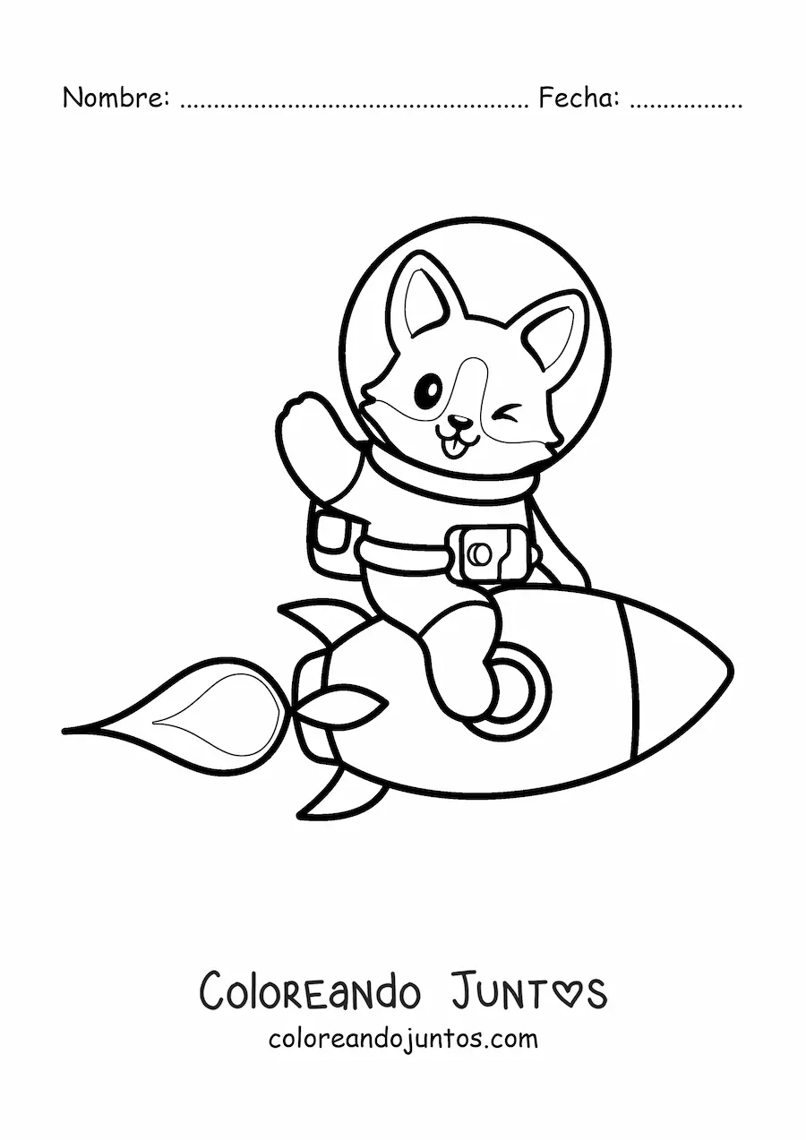 Imagen para colorear de perro astronauta kawaii en un cohete