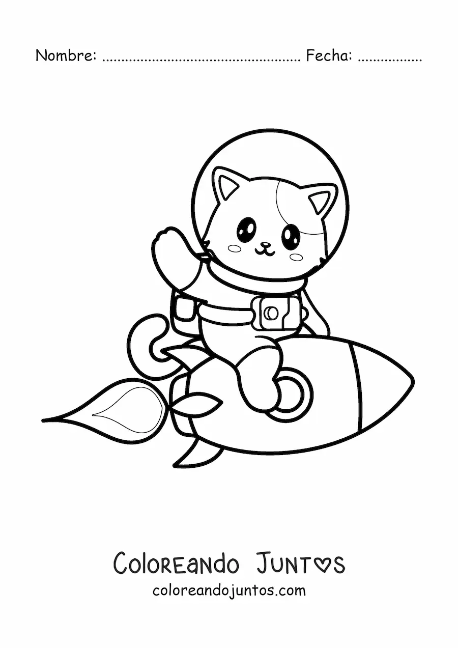 Imagen para colorear de gato animado kawaii en un cohete