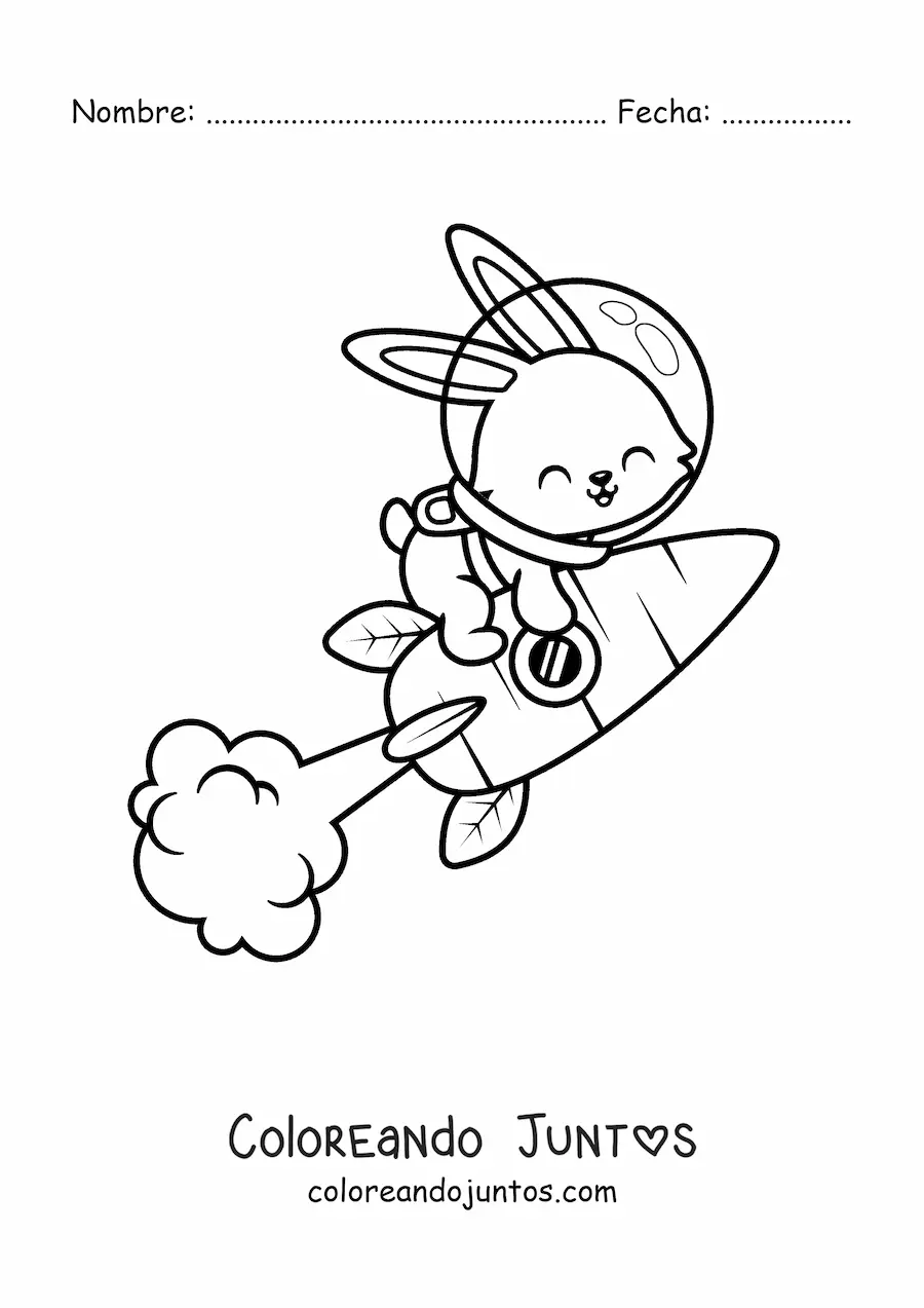 Imagen para colorear de conejo animado en un cohete de zanahoria