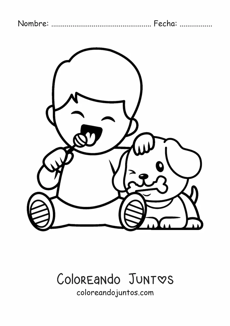 Imagen para colorear de un niño comiendo una paleta junto a un perrito con su hueso