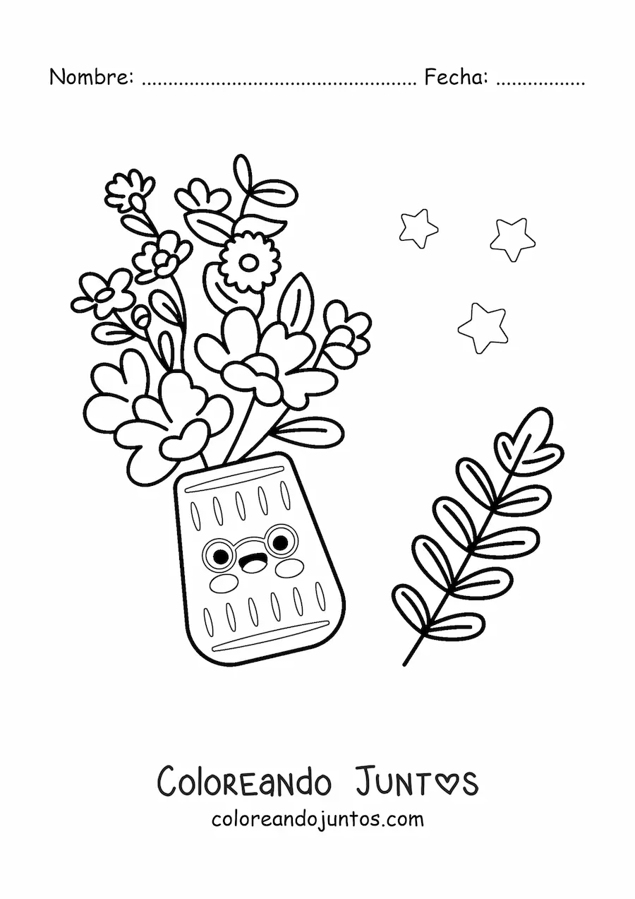 Imagen para colorear de maceta con flores kawaii con estrellas