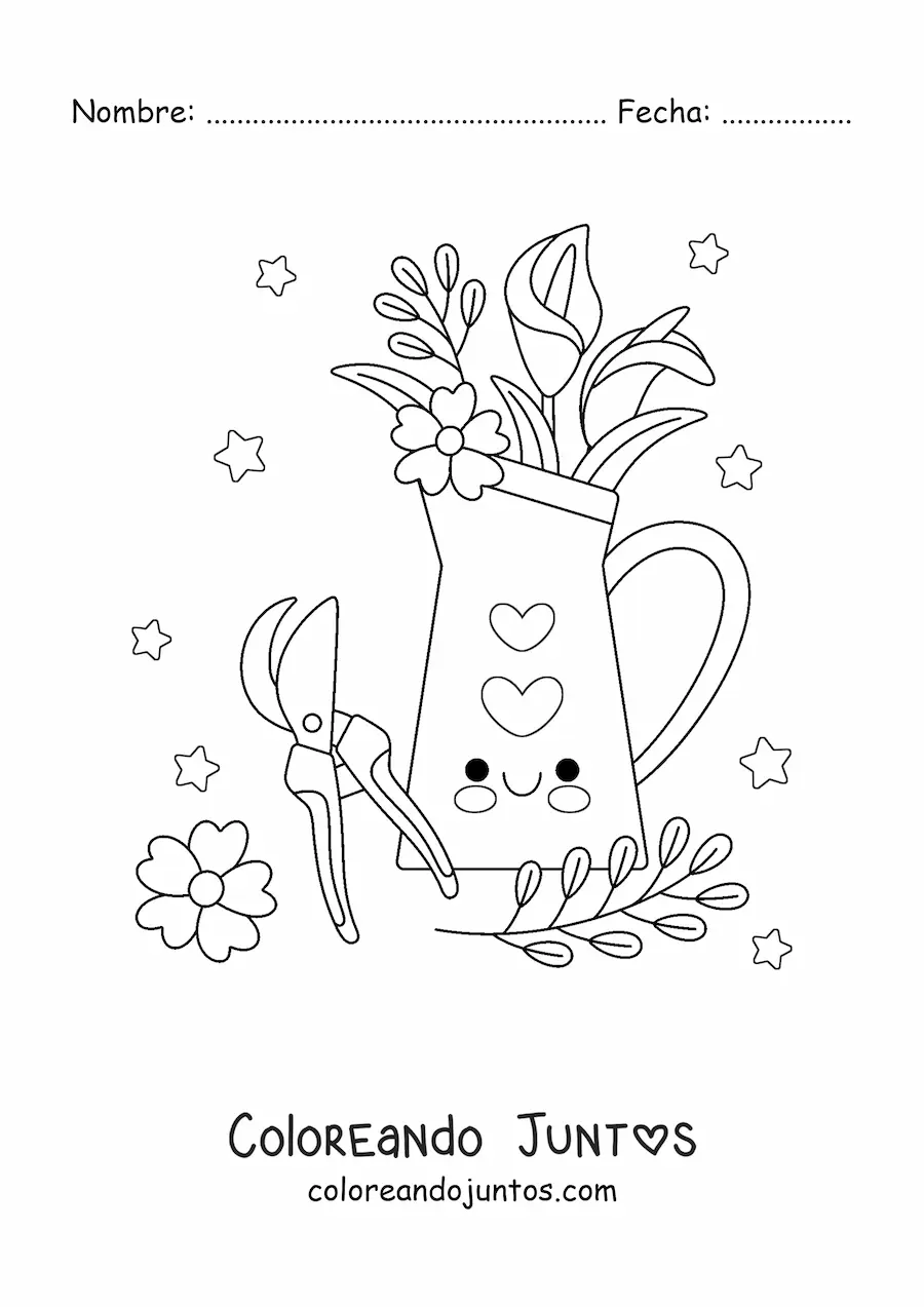 Imagen para colorear de jarrón con flores kawaii junto a tijeras para podar