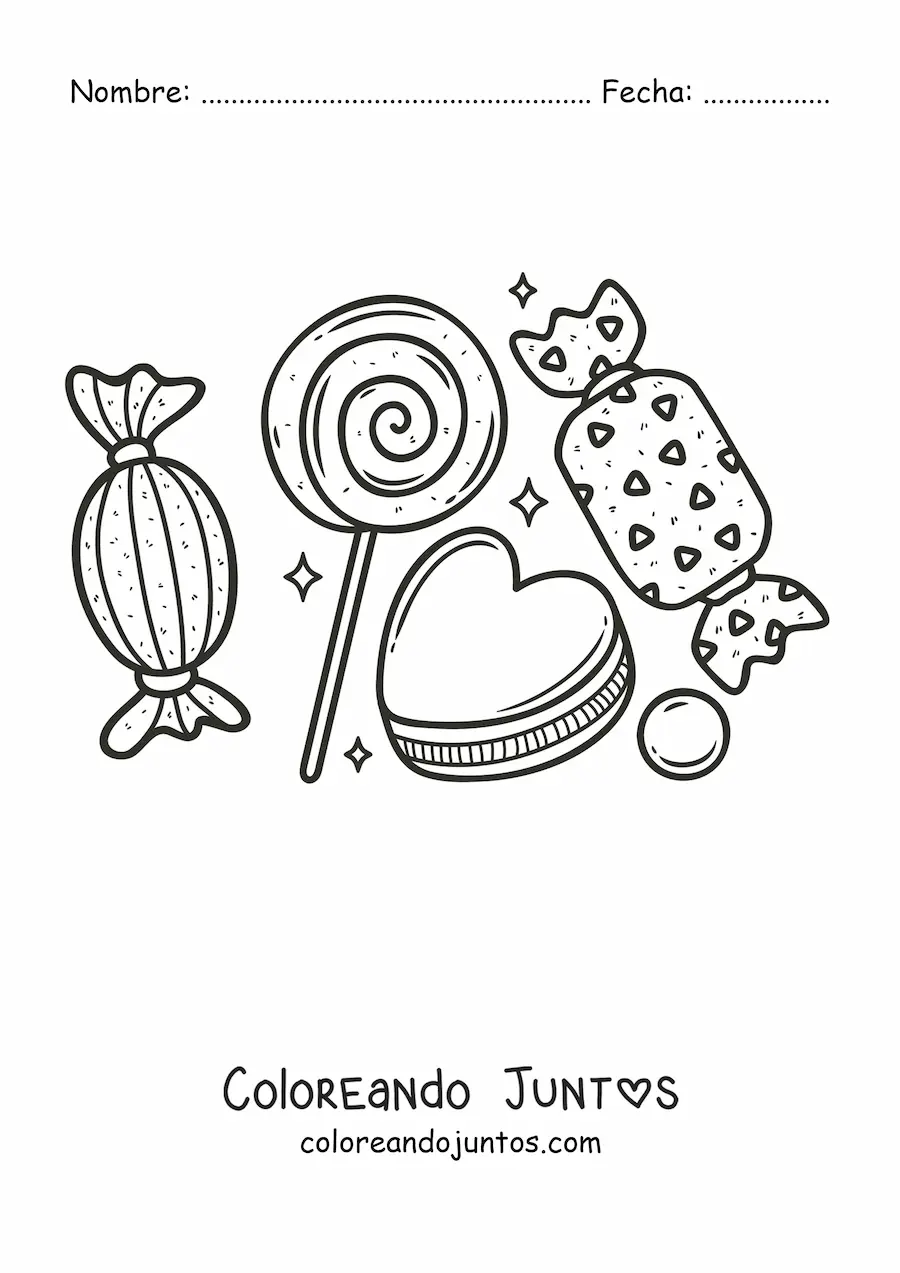 Imagen para colorear de una paleta, una galleta con forma de corazón y caramelos alrededor