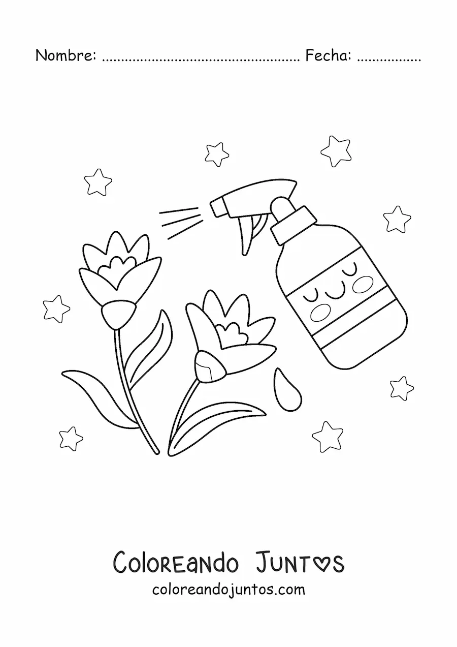Imagen para colorear de pulverizador kawaii regando unas flores
