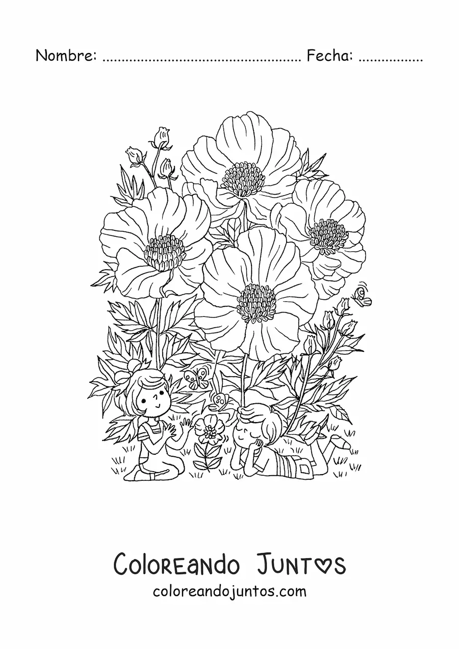 Imagen para colorear de amapolas con niños kawaii