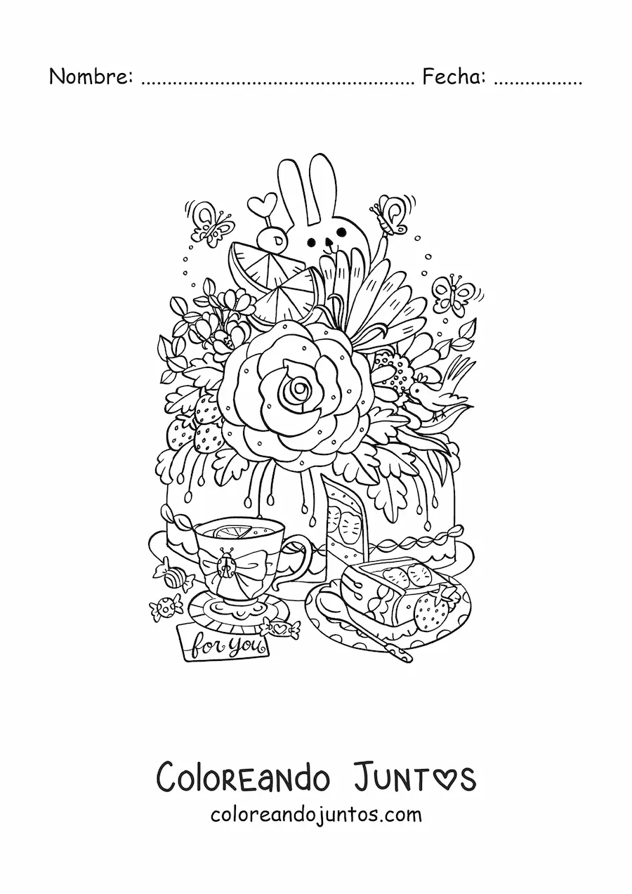 Imagen para colorear de pastel con flores y taza de té con conejo kawaii