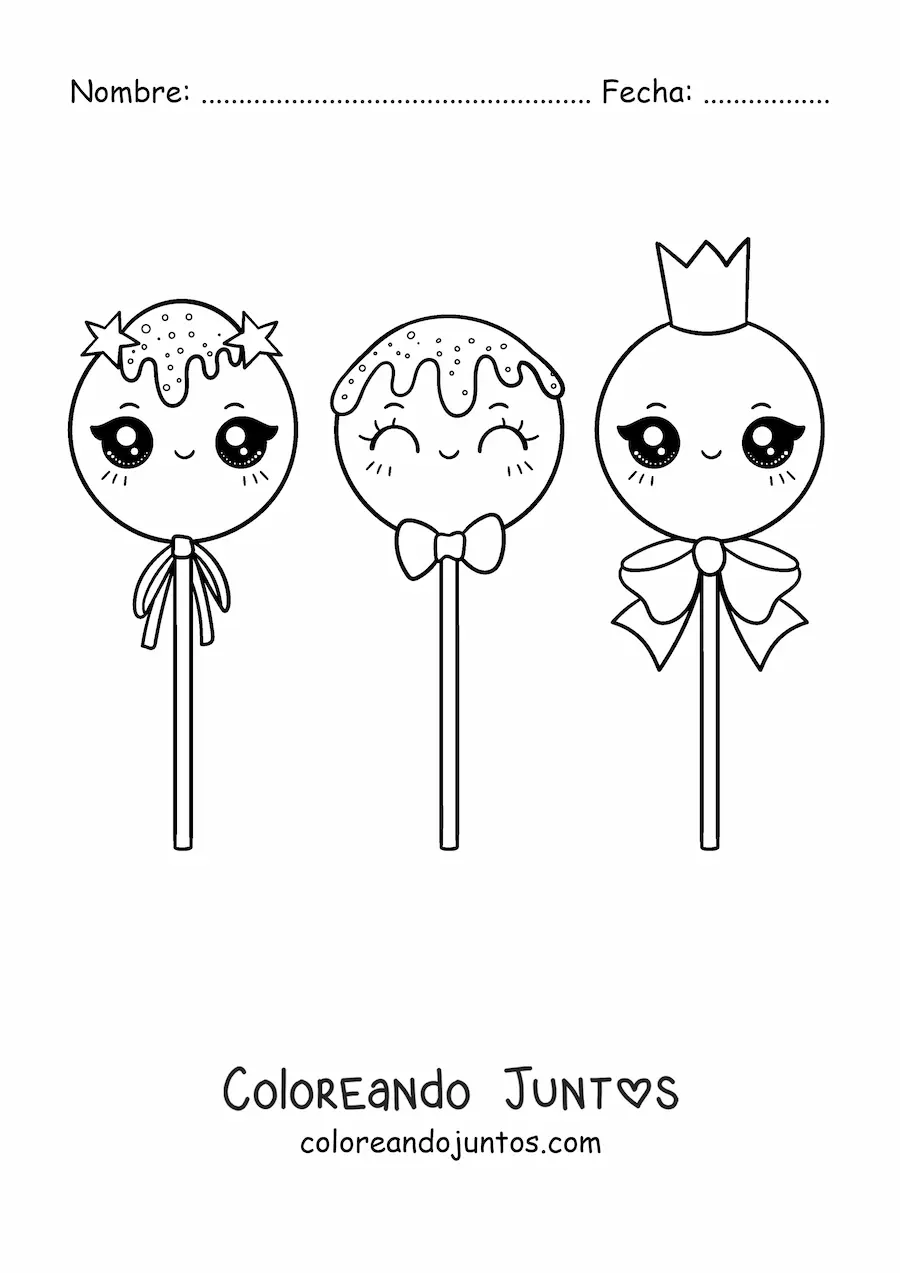 Imagen para colorear de tres paletas kawaiis con lazos y una corona