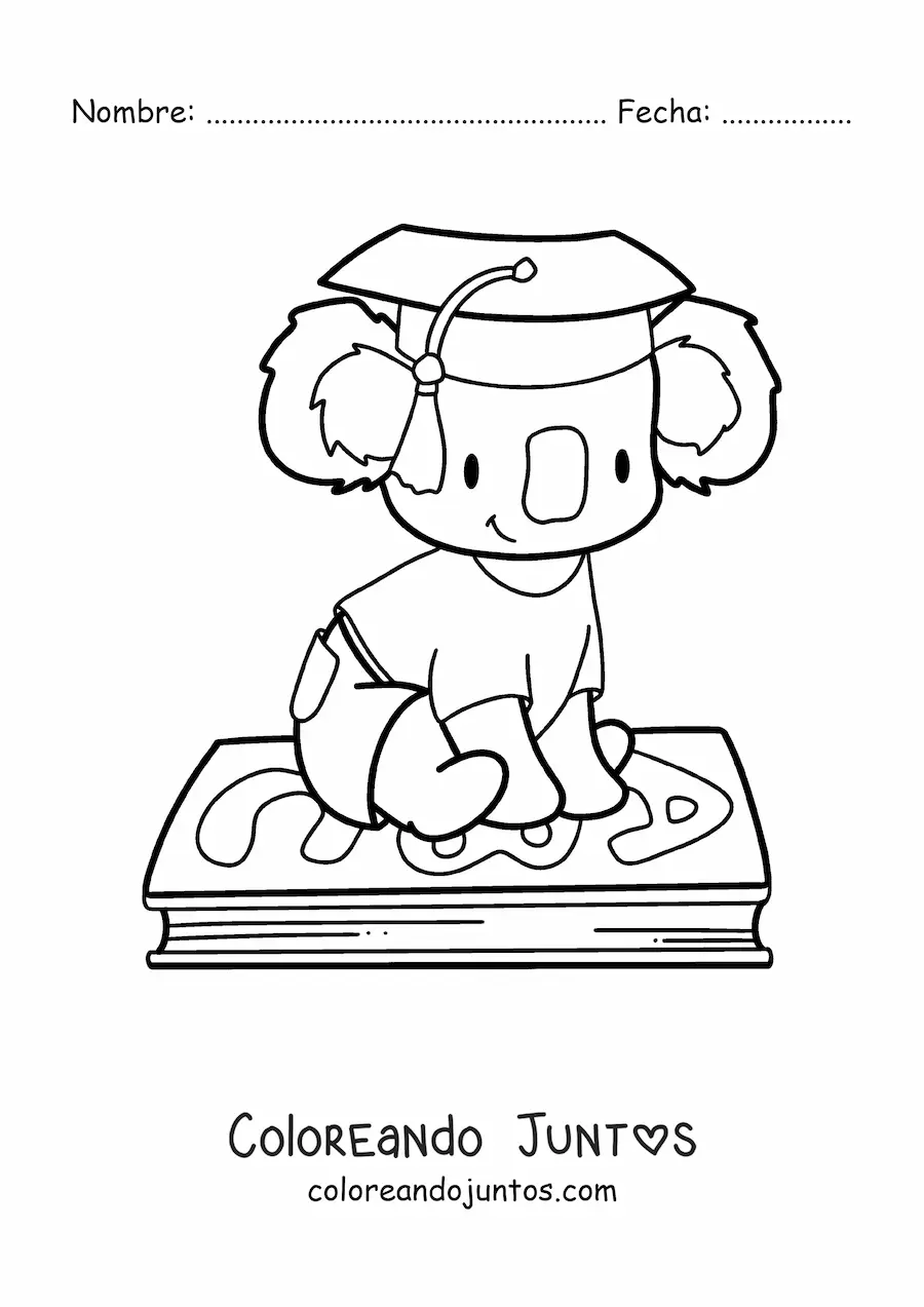 Imagen para colorear de koala kawaii animado con birrete sentado en un libro