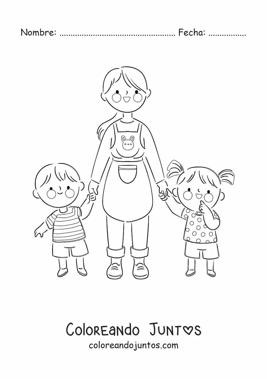 Imagen para colorear de maestra y alumnos de kinder