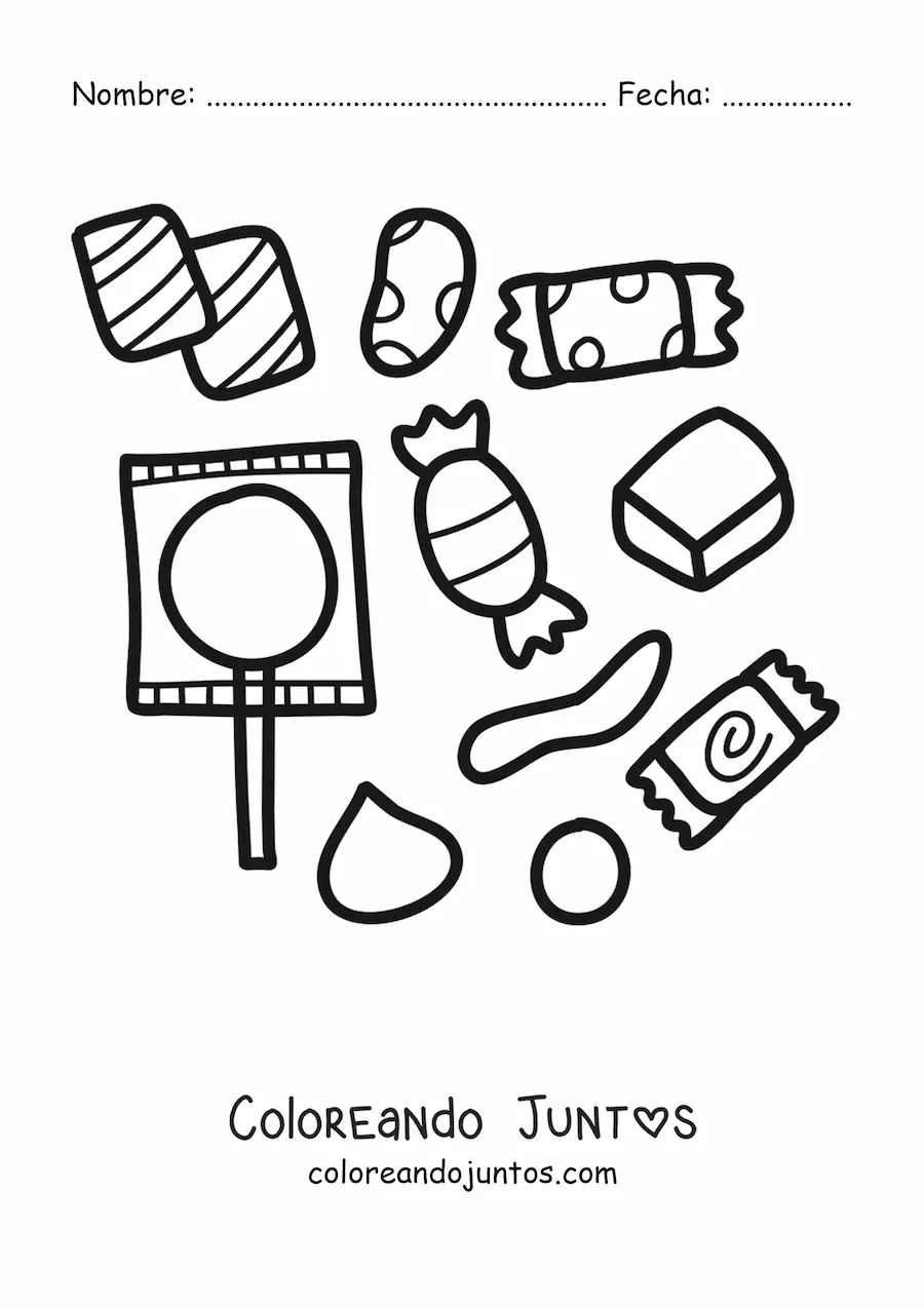 Imagen para colorear de varias paletas y caramelos envueltos