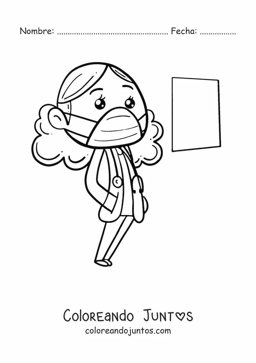 Imagen para colorear de doctora kawaii con mascarilla