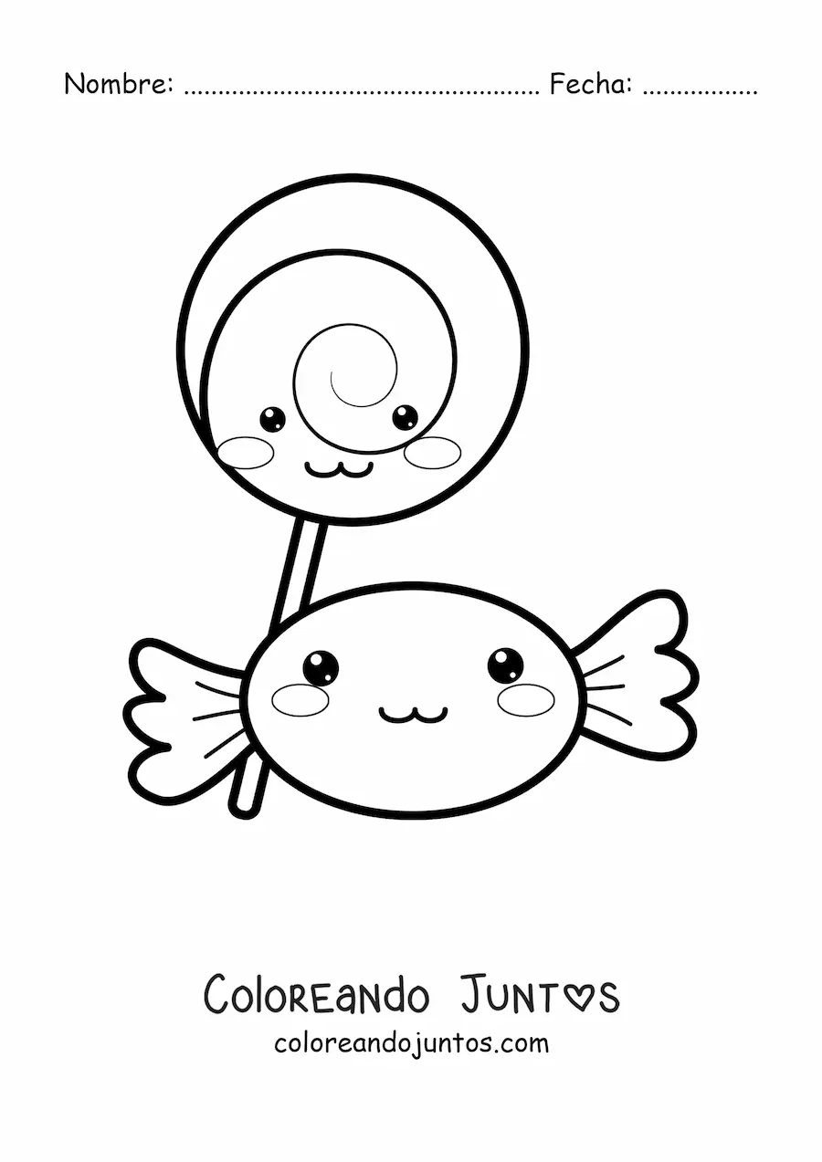 Imagen para colorear de una paleta kawaii en espiral y un caramelo