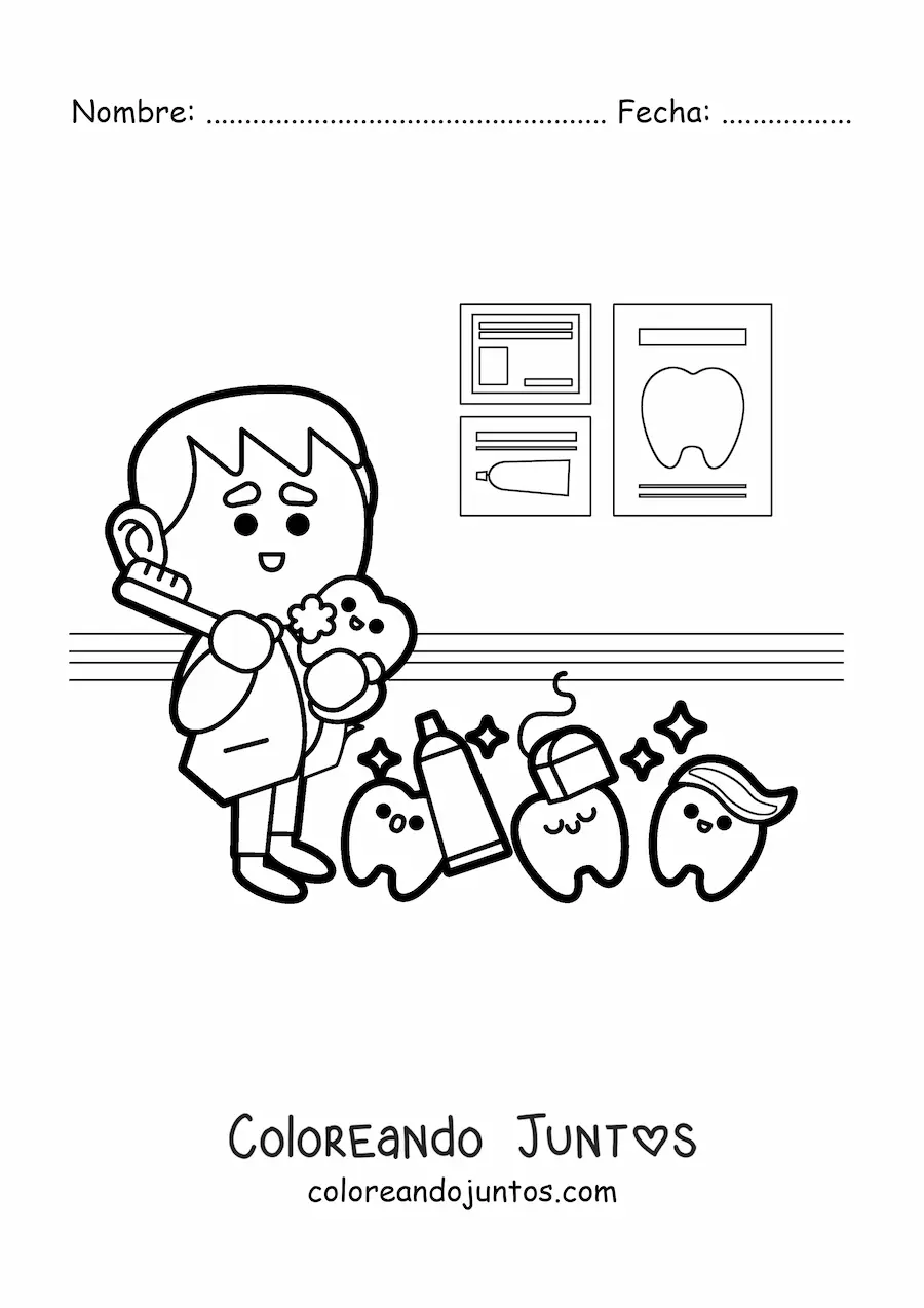Imagen para colorear de odontólogo y dientes kawaii promoviendo la higiene dental