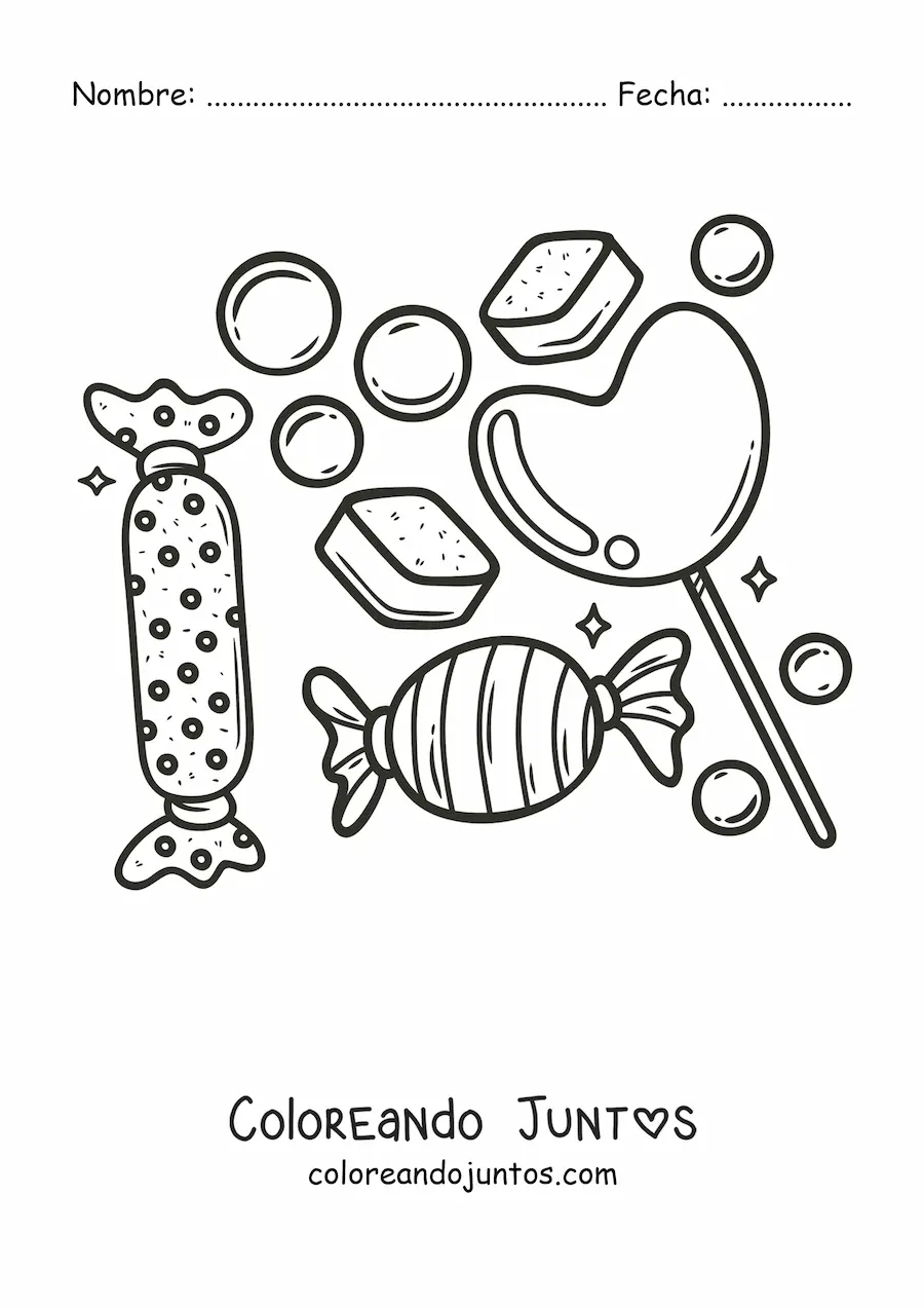 Imagen para colorear de una paleta en forma de corazón, galletas y caramelos