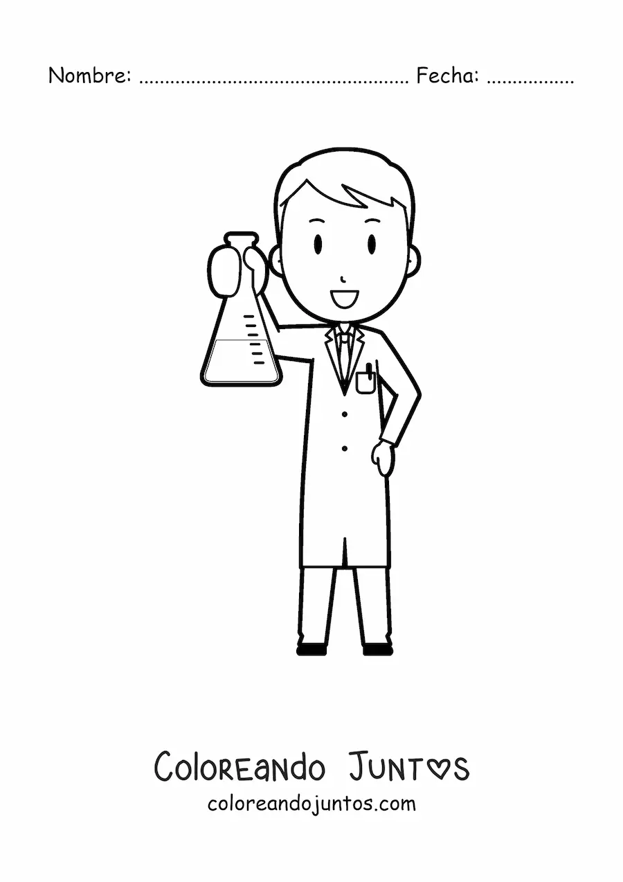 Imagen para colorear de científico animado con matraz erlenmeyer