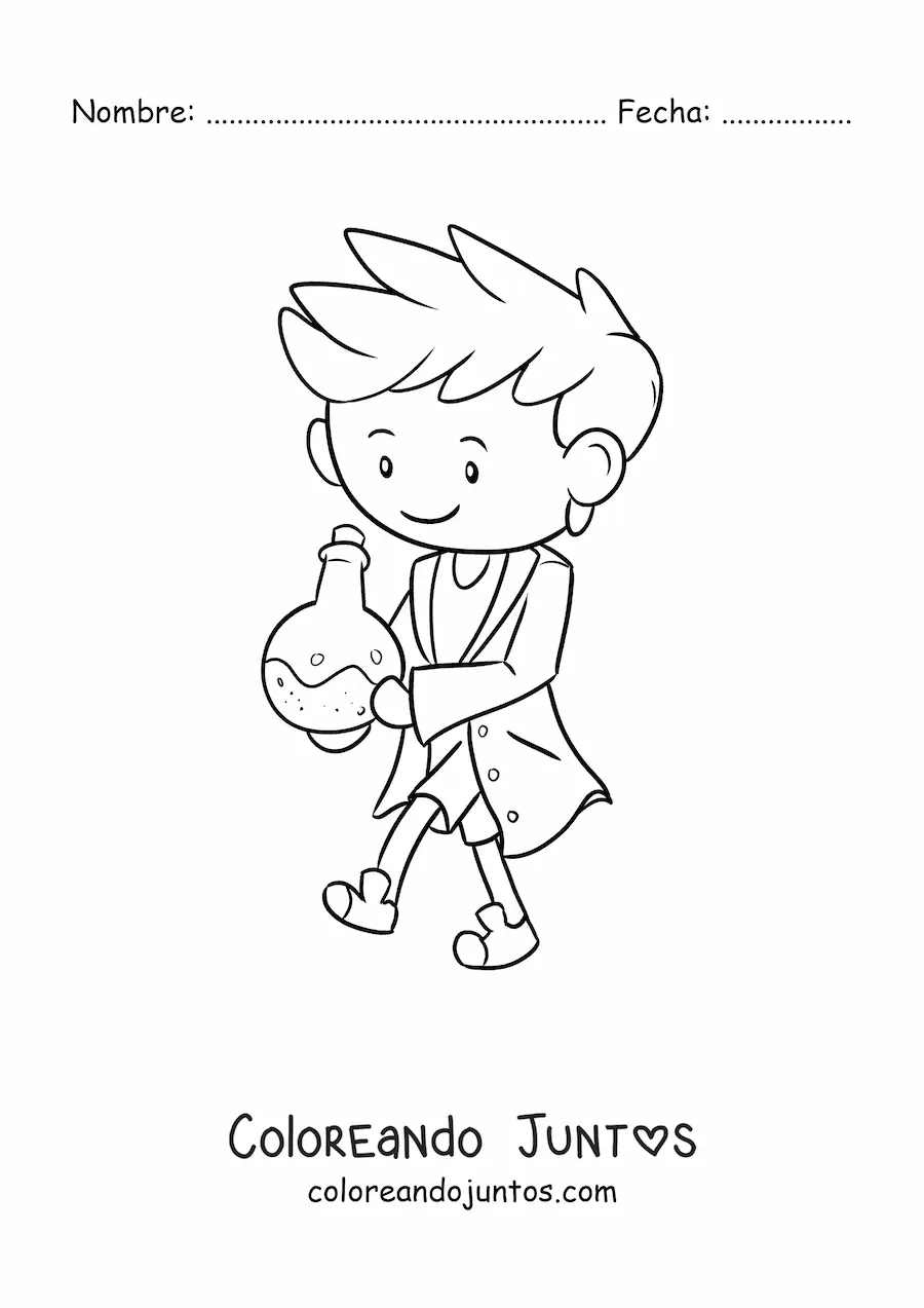 Imagen para colorear de hombre científico kawaii con un químico
