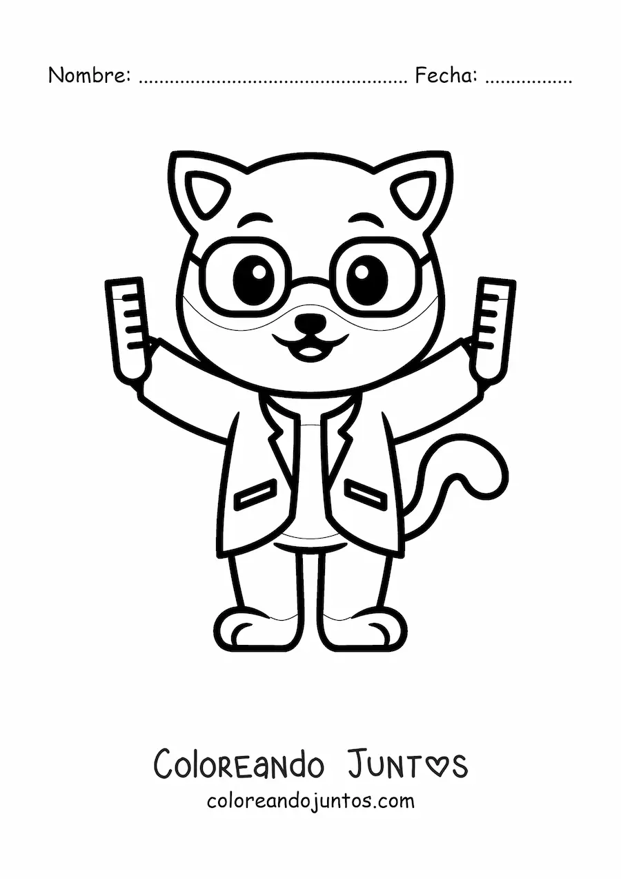 Imagen para colorear de gato científico kawaii con químicos